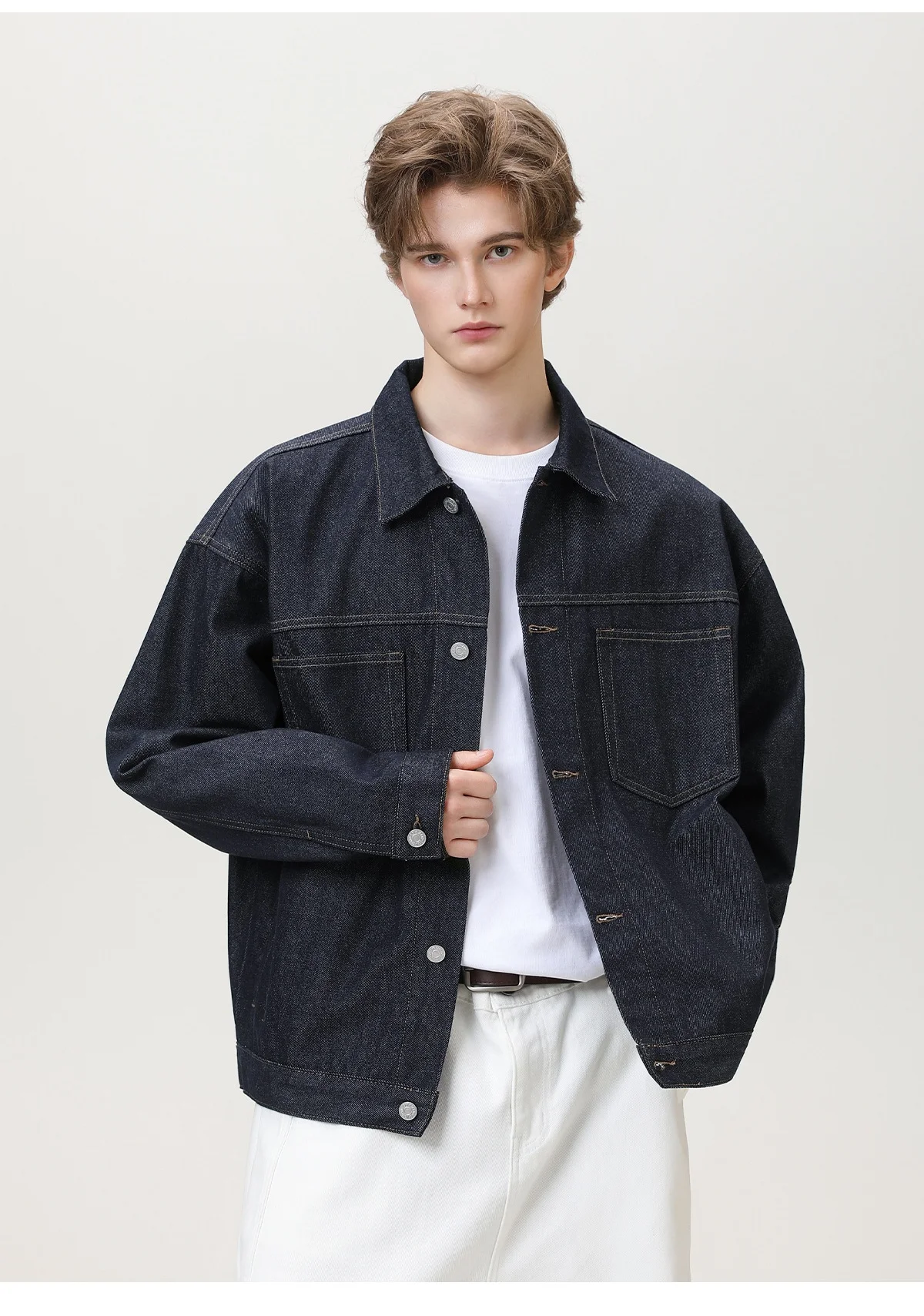 Bright Line Double Pocket Design Original Color Workwear Denim Jacket Men's Textured Loose Lapel Coat