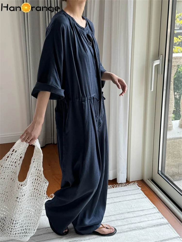 HanOrange 2024 Summer Lazy Slightly Transparent Lyocell Linen Jumpsuit women Comfortable Breathable Loose Casual Jumpsuit Navy