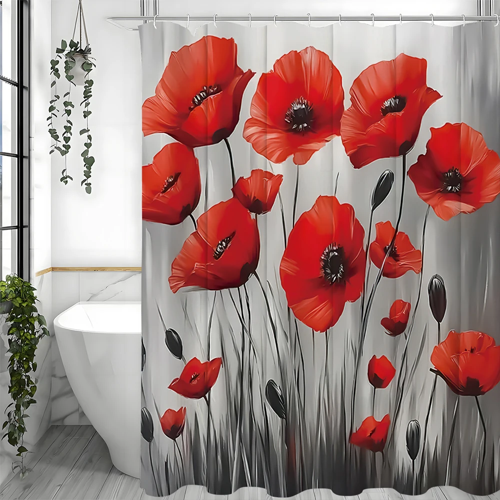 

Занавеска для душа Red Poppy, декоративная занавеска для душа в ванной комнате, водонепроницаемая занавеска для душа с крючками