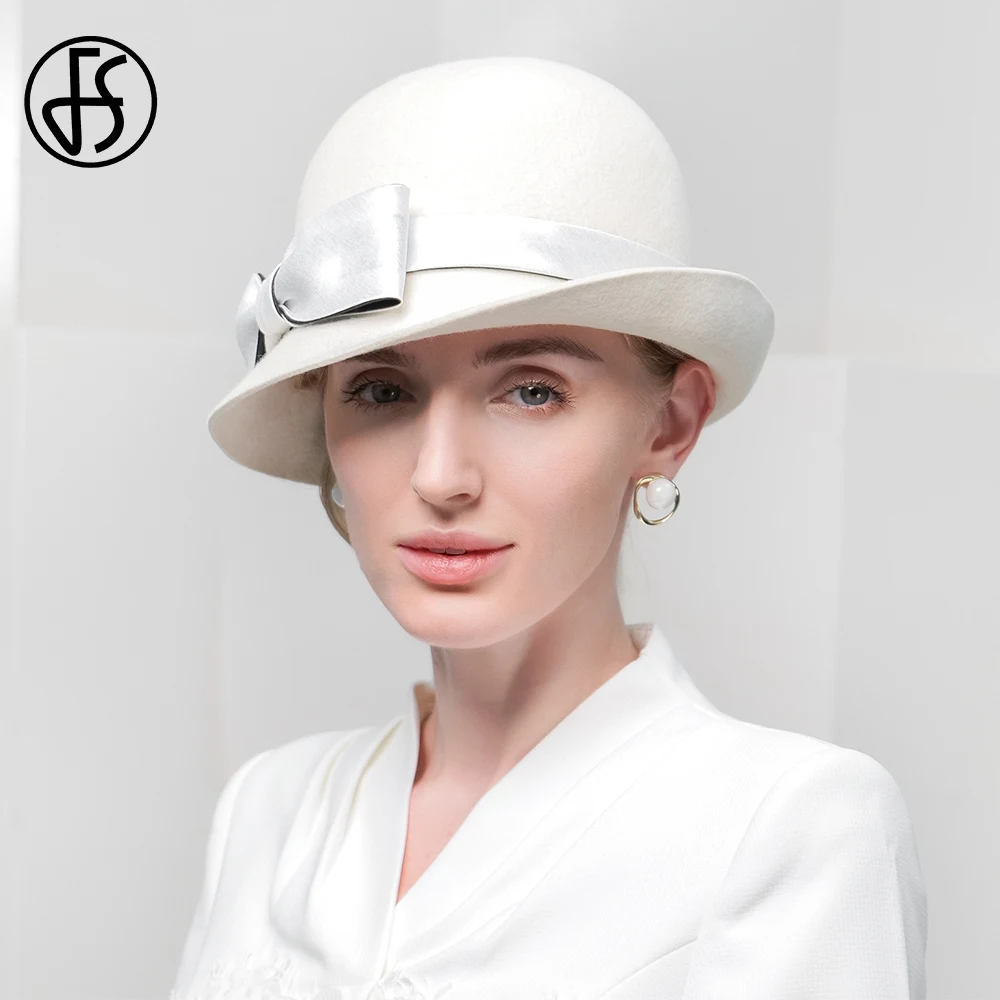 FS 2024 Curl Brim Basin Cap Ladies Winter Elegant Retro Little Top Hats For Women Shopping Trips Fedoras White Millinery