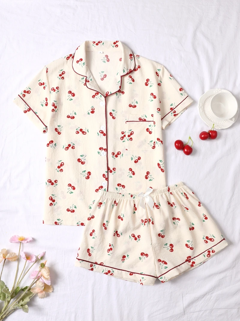 Women's Cute Cherry Print Pajama Set Short Sleeve Lapel Top And Soft Elastic Shorts Relaxed Fit For Summer Sleepwear Homewear