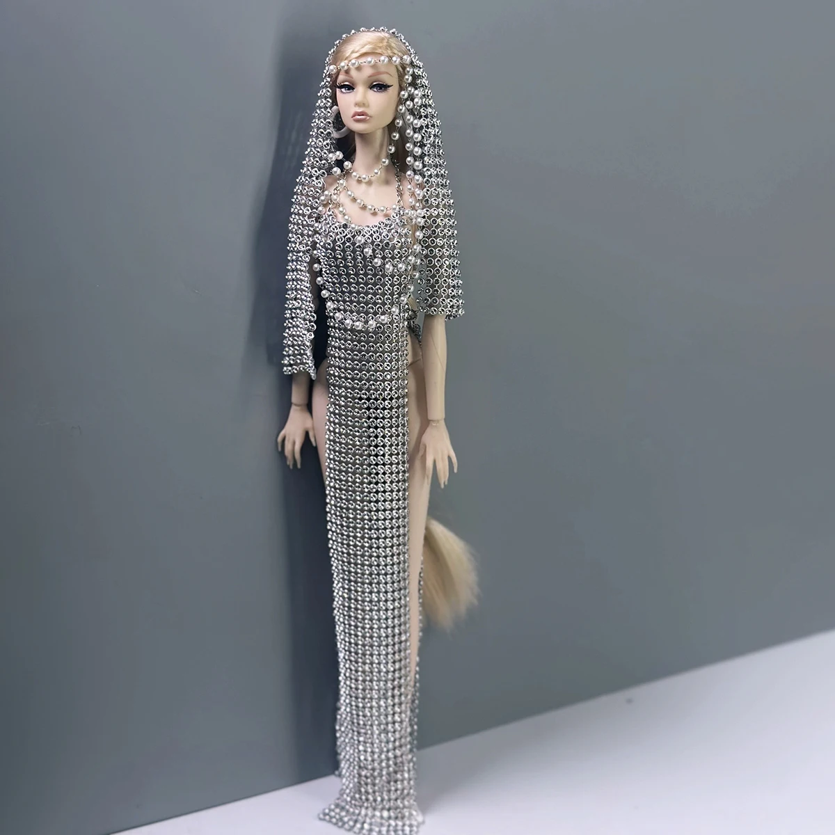 1/6 Doll Clothe Part Luxury Bling-bling Diamond Evening Gown/French Elegant Metal Sequin Dress+Feather Shawl For Supermodel Doll