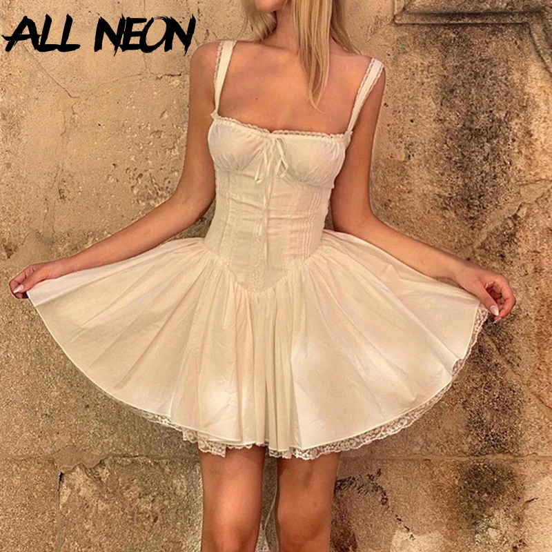 

ALLNeon Hotsweet Lace Stitch Straps Mini Swing Dress Women Fairy Ballet Style Outfit Slim Bandage Dresses Y2K Cute Party Vestido