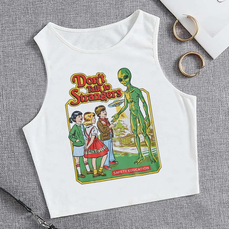Vintage Y2k Alien Don’T Talk To Strangers Print 90s Cropped Women'S Sleeveless Tank Top Stylish Vest Crop Top Tee Casual Shirt