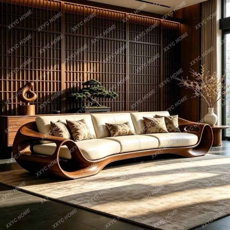 XX  new Chinese-style black walnut sofa living room special-shaped home modern simple solid wood leather