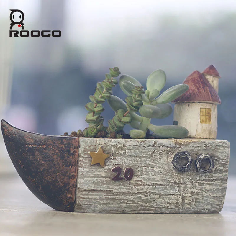 Roogo Flower Pot Retro Timber Pile Moss Pots Garden Supplies Vase and Succulent Flower Case Resin Figurine Toy Car Gift