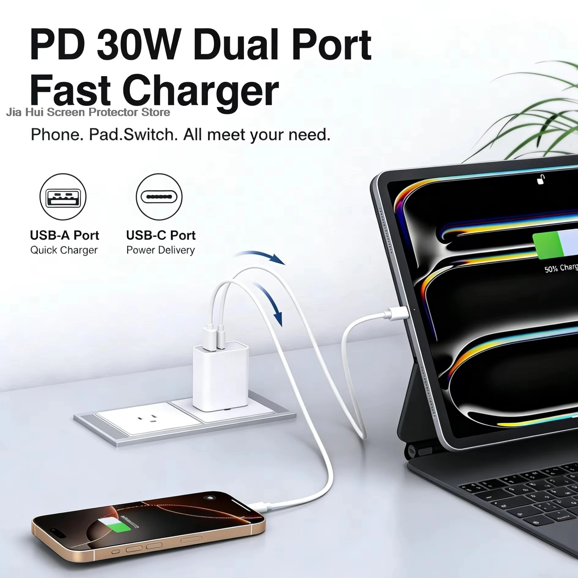 2‑Pack 30W PD Fast Charger US Plug Dual Port USB A Type‑C Stable Output Mini Portable  Power Adapter for iPhone Android Tablet