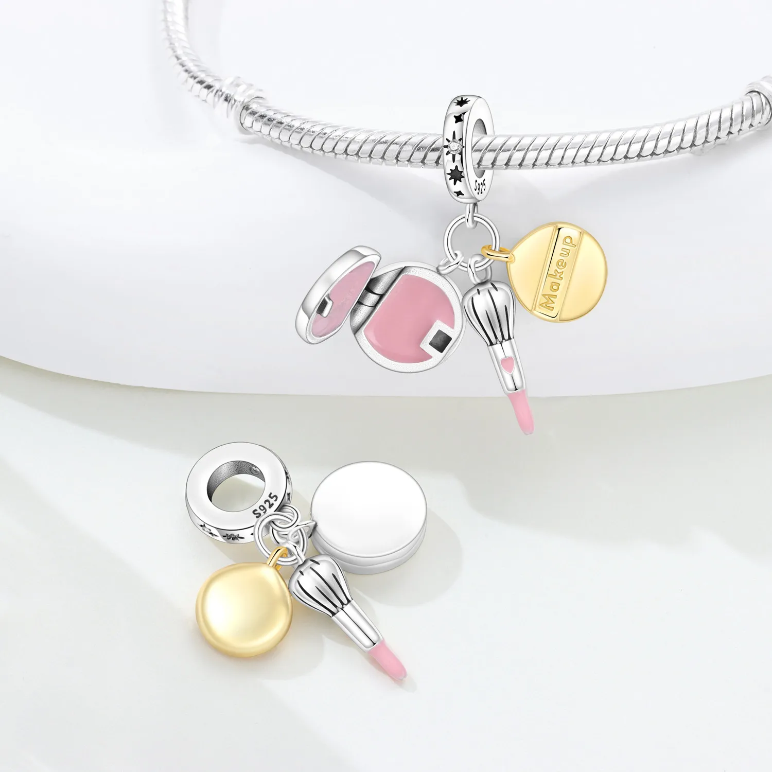 925 Sterling Silver Blush Puff Brush Prayer Hand Chain Charms Beads Pendant for Original Bracelet Woman Girl Jewelry