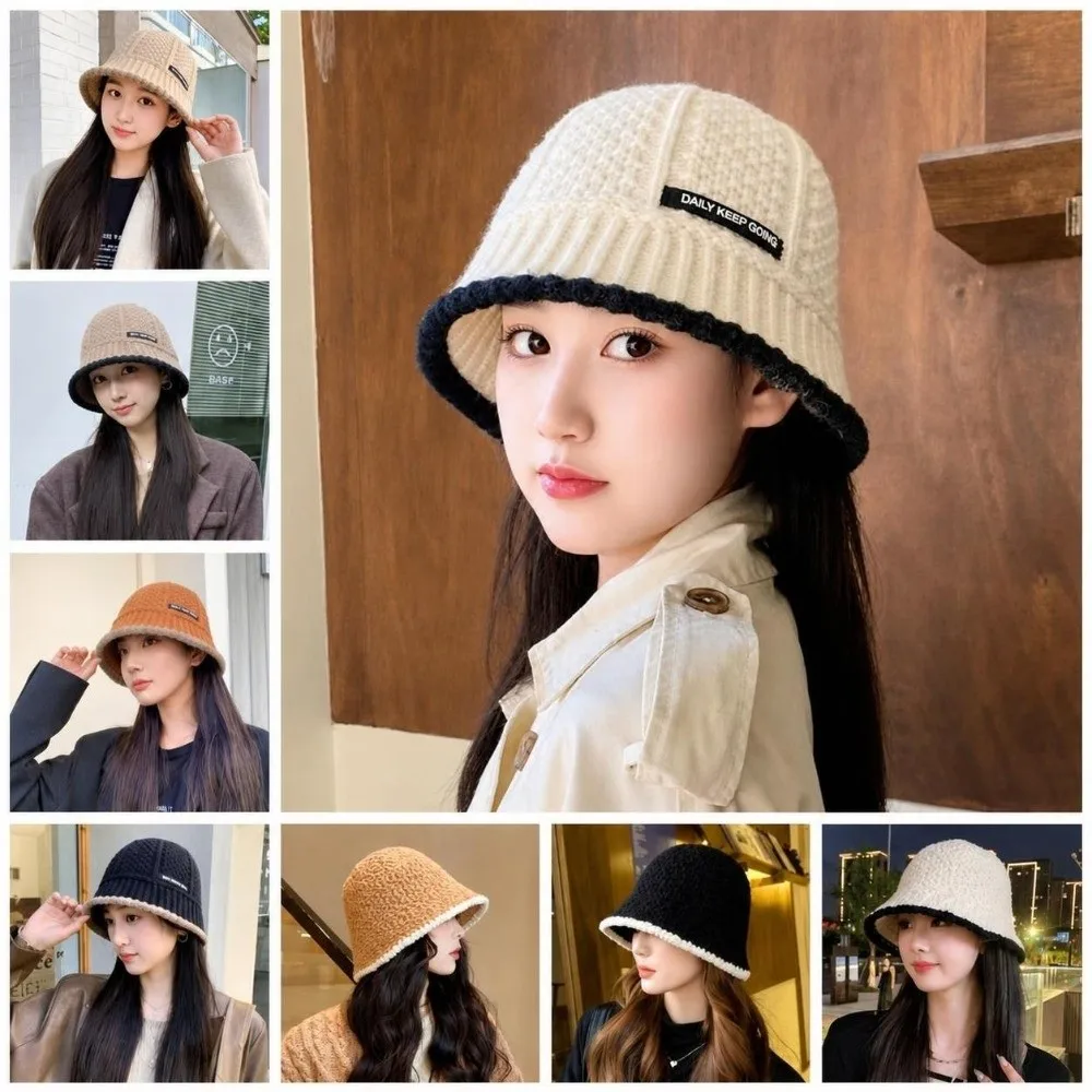 Polyester Fiber Knitted Bucket Hat Warm Windproof Wool Basin Cap Korean Style Solid Color Women Fisherman Hat Shopping Travel