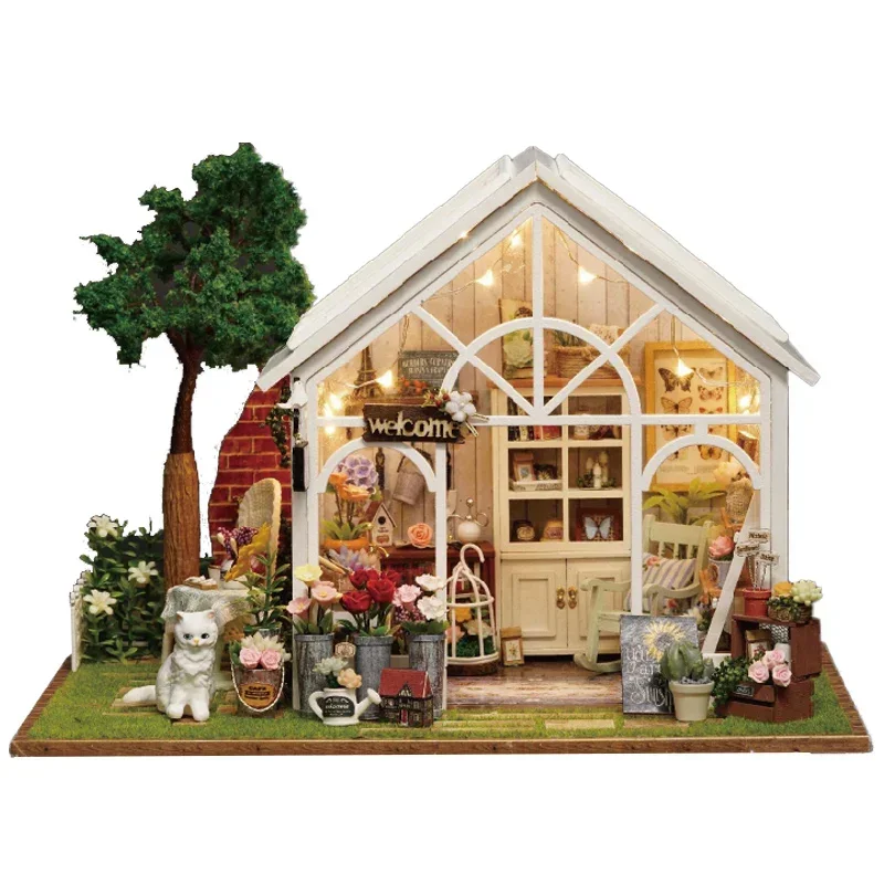 Anima diy cabine sol flor casa pátio mini pequena casa modelo cena em miniatura montado blocos de construção presente aniversário