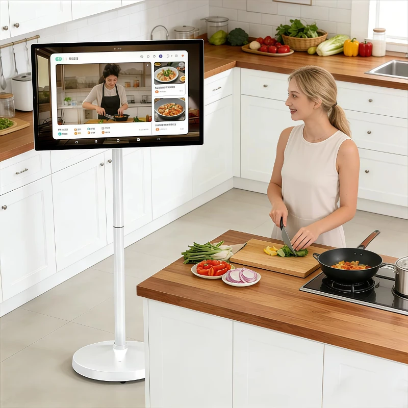 Smart kitchen screen battery-powered mobile scrolling display for recipe cooking and home meal preparation