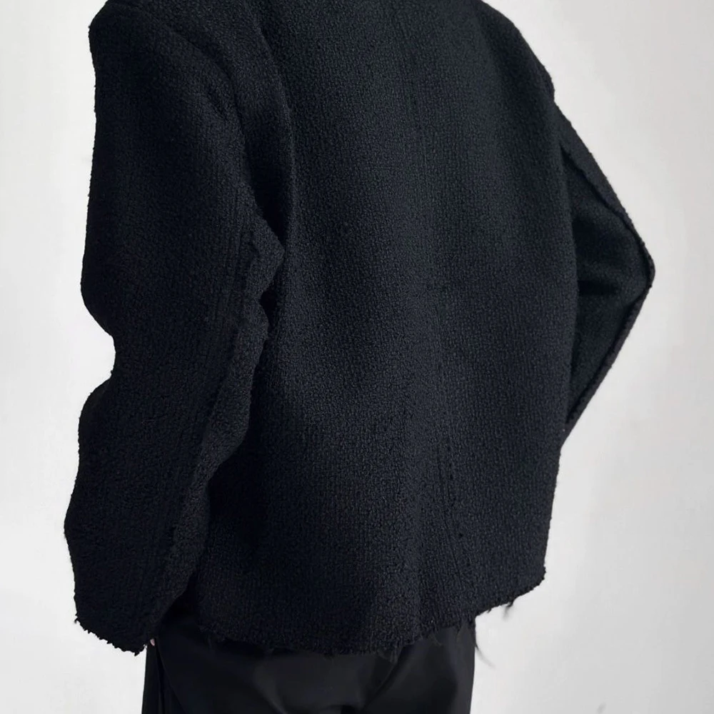 Mens Solid Color High-End Jacket Autumn And Winter New Style Raw Edge Design Collarless Loose Top Korean Style Trendy Jacket
