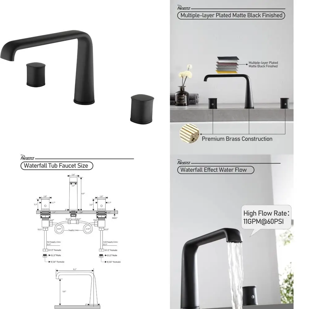 

Matte Black Deck Mount 3 Hole Waterfall Tub Faucet with 2 Handles, Bathroom Bathtub Filler for Modern Design