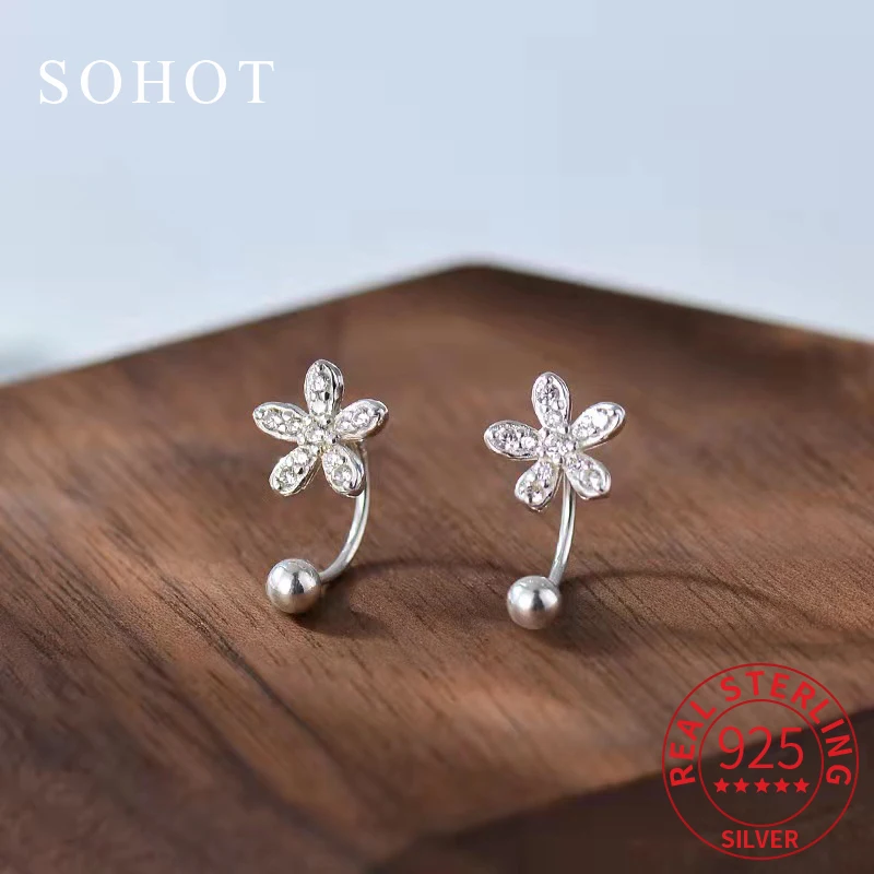 

Real 925 Sterling Silver Minimalist Zircon Flower Mini Piercing Screw Bead Stud Earrings for Women Cute Fine Jewelry Accessories