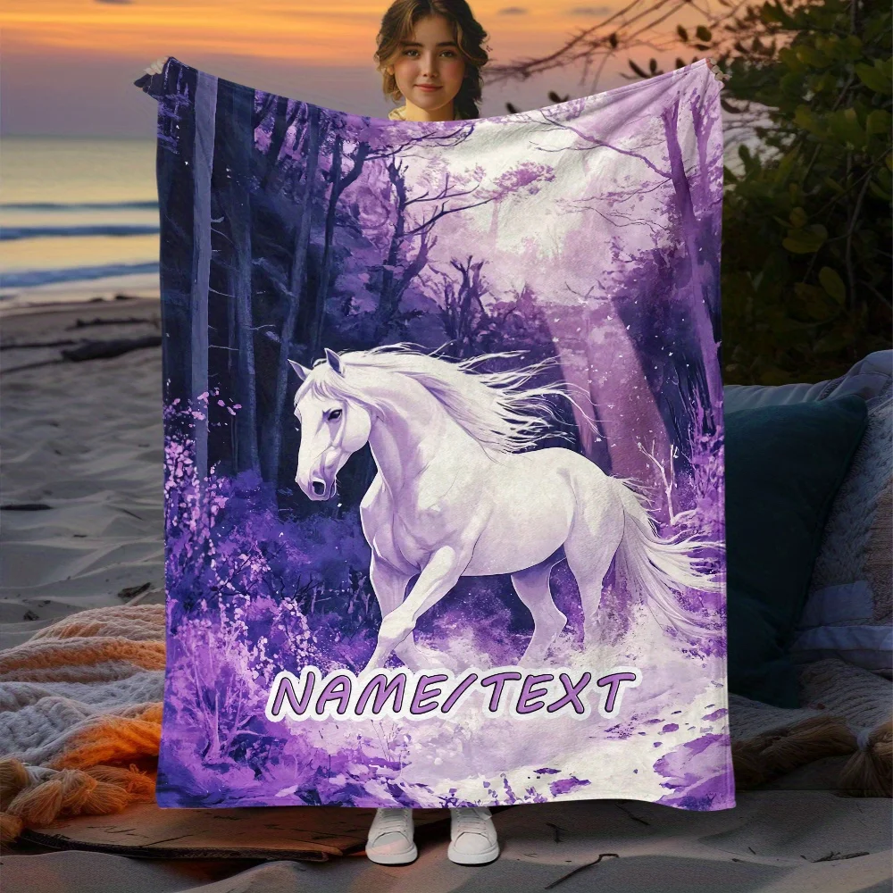 Personalisierte Flanelldecke mit individuellem Namen, weißem Pferd, weich, für Sofa, Bett, Reisen, Büro, Ganzjahresgeschenk für Familie und Freunde