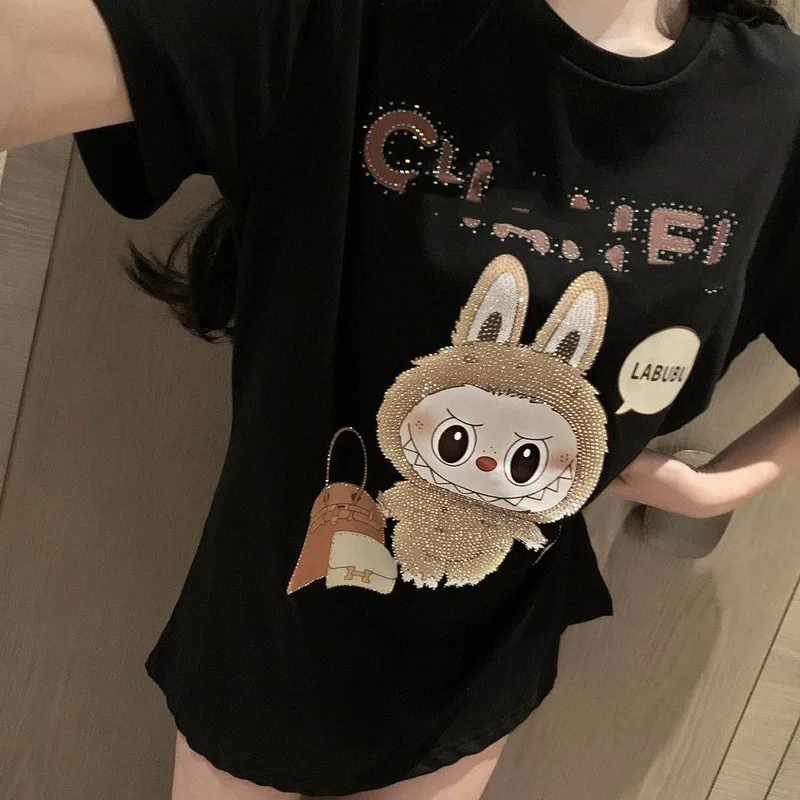 Large Hot Diamond New Labubu T-Shirt Lazy Wind Short Sleeve Cartoon Cute Creative High-Value Couple Jacket Trend Shirt Gift Toy