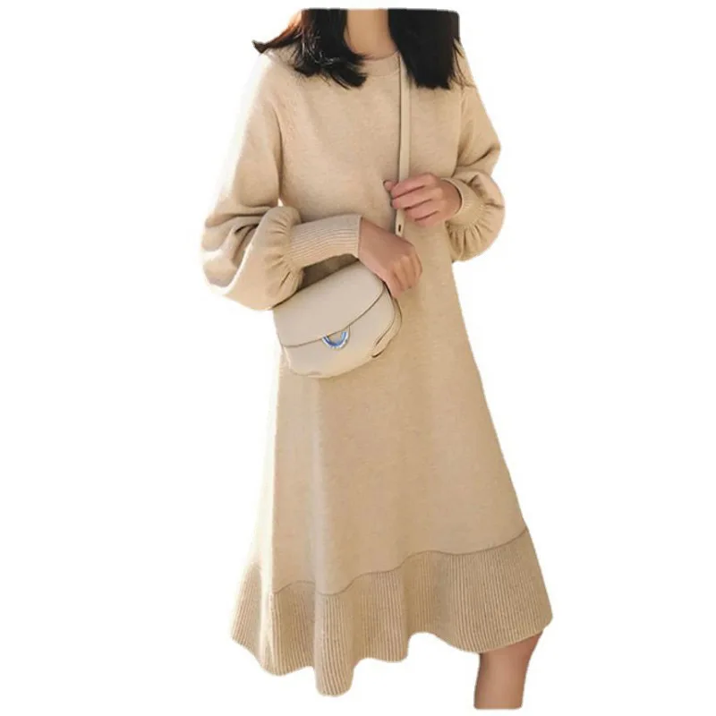 Spring Autumn New French Knitted Knee-Length Dress For Women Slimming Lantern Sleeve Sweater Winter Solid Color Underlay Dresses