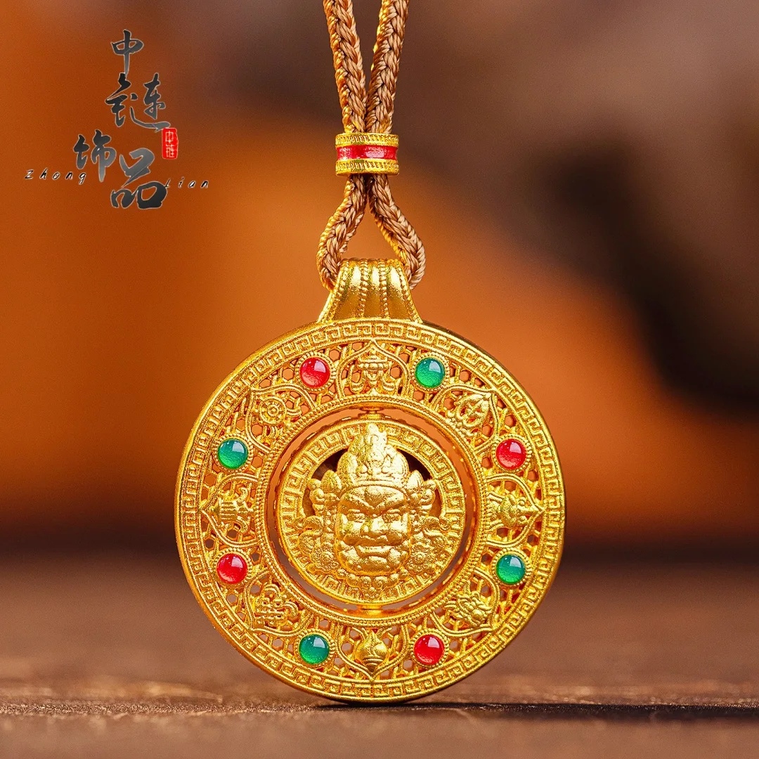 Enamel revolving compass pendant of the God of wealth in new Chinese style 9999gold