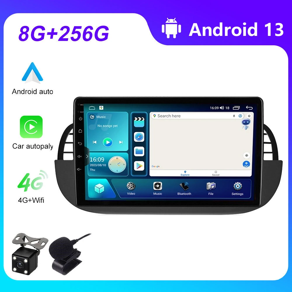 Android 13 8g+256gb Car Radio Stereo For Fiat 500 2007 -2015 GPS Navigation SWC DSP RDS Multimedia Carplay& Auto BT WIFI