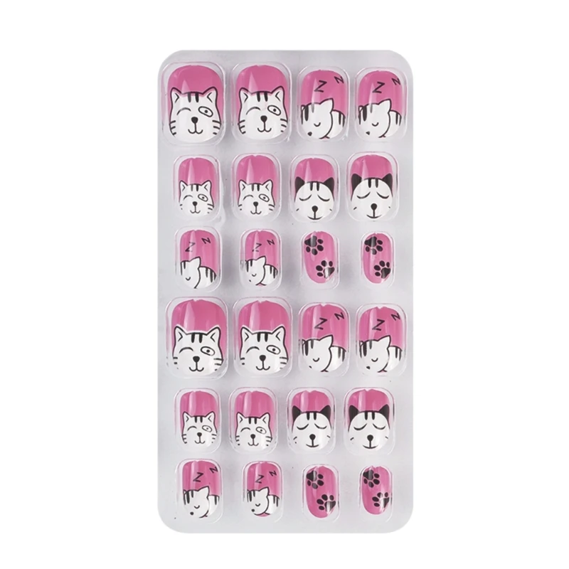 2022 New False Tips For Kids Teens Short Candy Pink False Tips Girl Children Cartoon Nails Press On Short