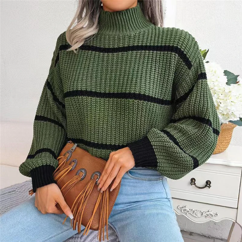 HELIAR Women Striped Knit Loose Sweaters Lantern Long Sleeve Mock Neck Warm Pullovers Casual Streetwear Sweaters Autumn Winter