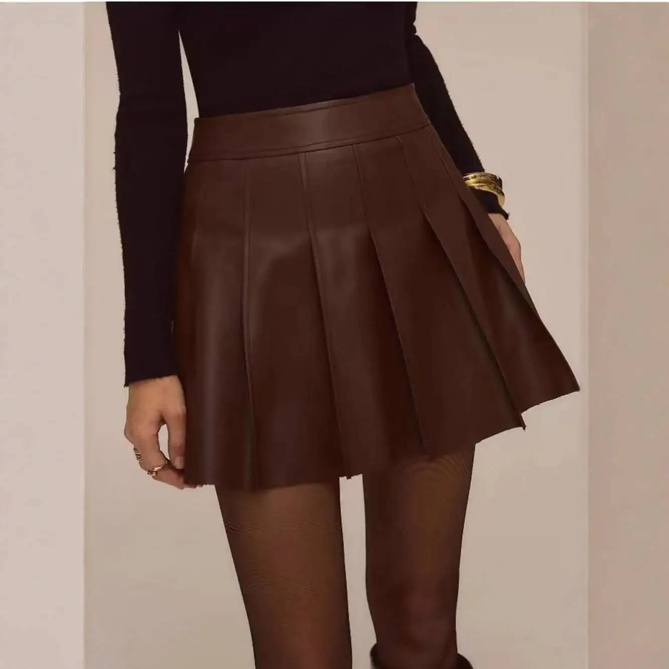 

Women's Fashion New High-waisted Skirt Coffee Color Pu Leather Short Skirt Pleated Skirt For Hot Girls Dress Robe Vestido Women