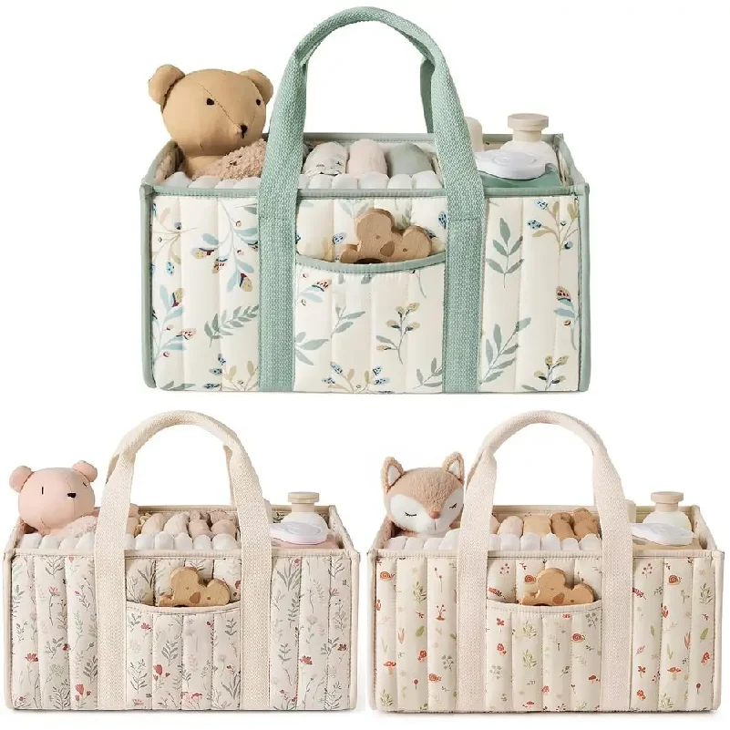 Organizador de Fraldas de Grande Capacidade Floral, Cesta de Armazenamento Portátil para Berçário, Essenciais para Recém-Nascidos, Bolsa de Armazenamento de Fraldas para Viagens ao Ar Livre