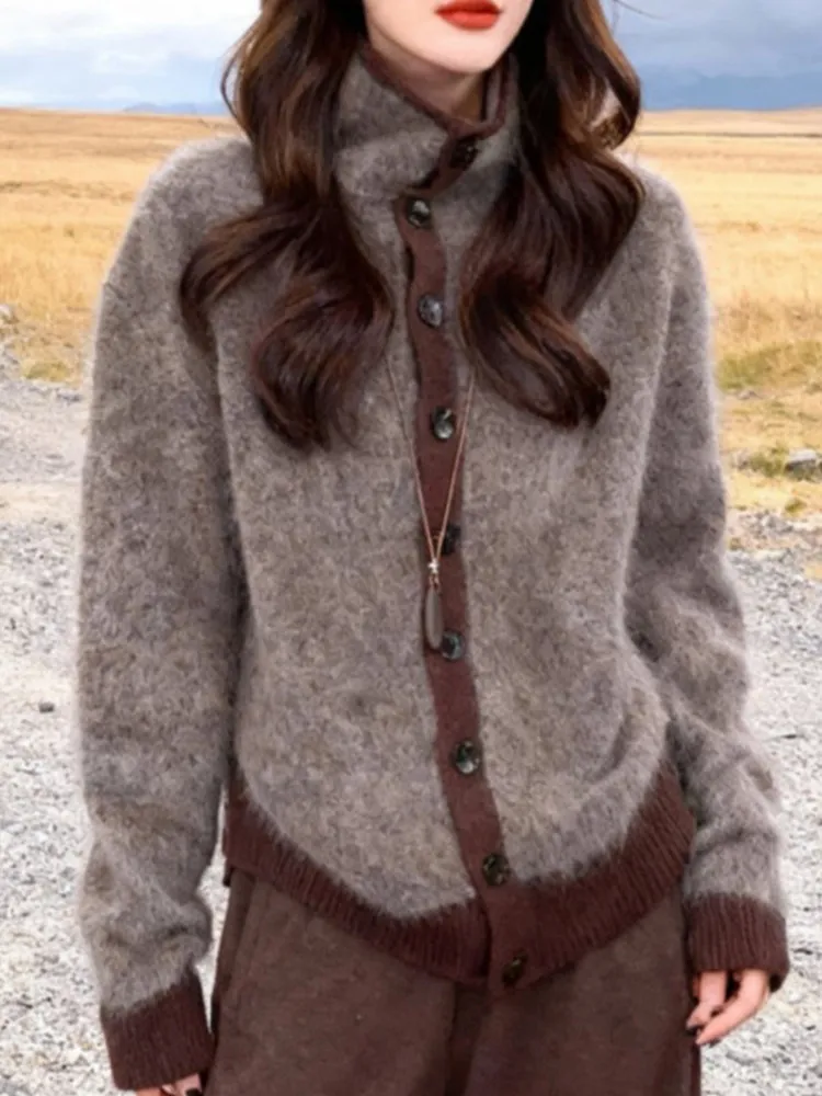 

Korean Sle High Collar Single Button Sweater Women's Faion Color Blo Loose Slimming Winter New Arrival Top