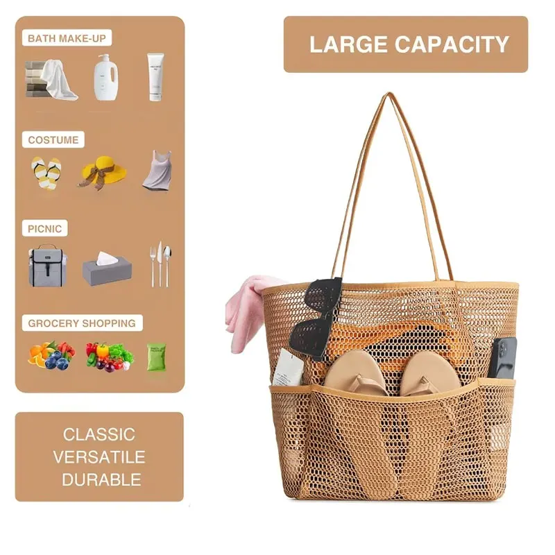 

2026 New Mesh Beach Bag for Women, Top-Handle Handbags with Zipper Inner Pocket,Foldable Swim Tote Bag for Vacation Essentials