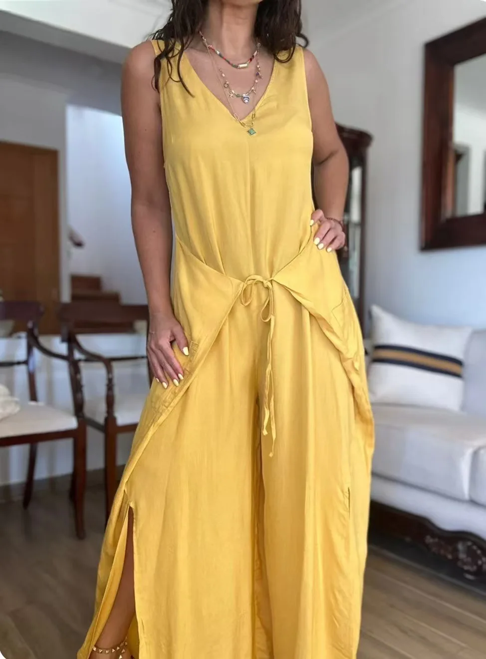 New Summer Loose White Sleeveless Irregular Jumpsuits Women's Summer Sleeveless Fashion Lace-up Casual Streetwear Woman Rompers