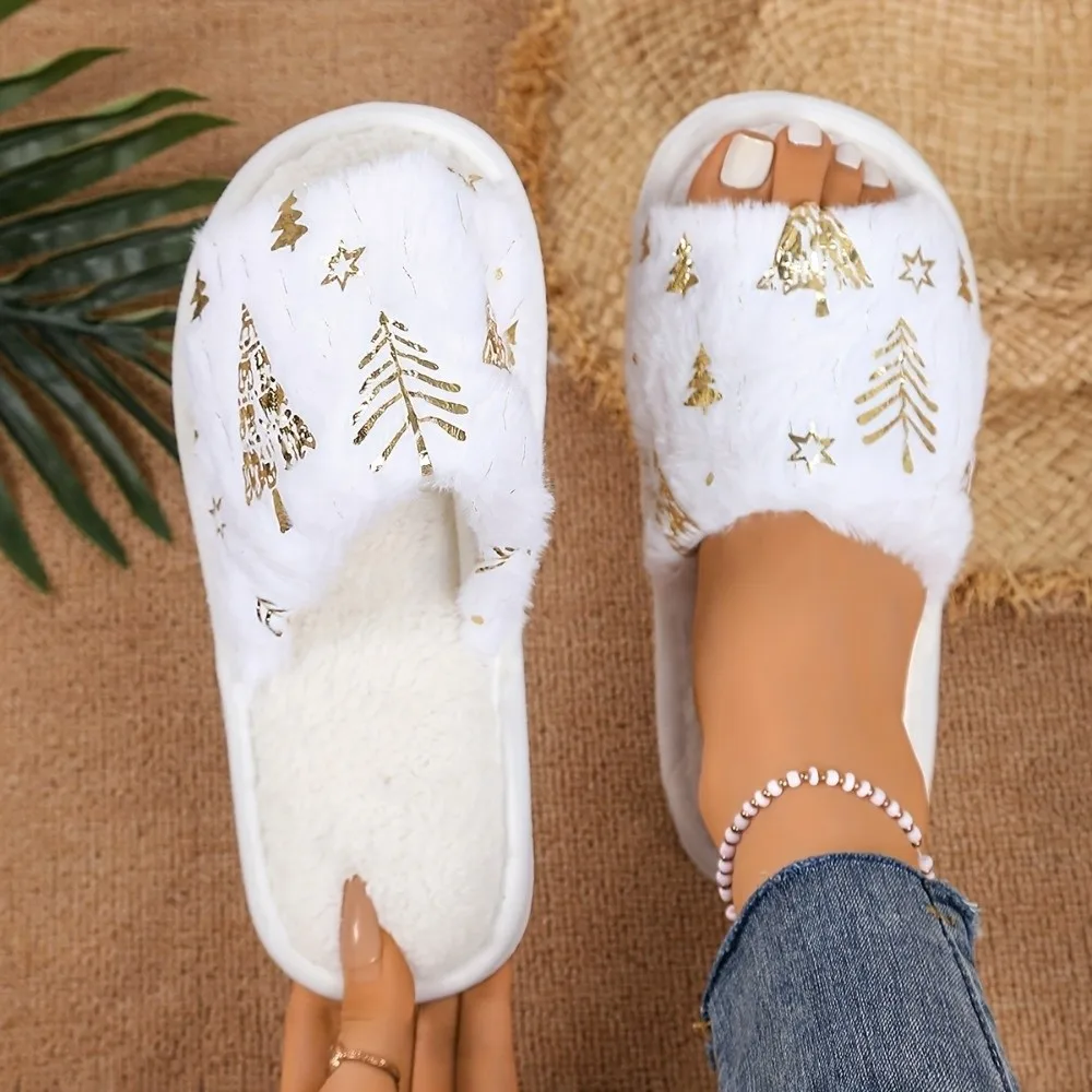 Open-Toe Christmas Tree Slippers Snowflake Non Slip Xmas Tree Furry Slippers Plus Velvet One-Step Winter Warm Slippers