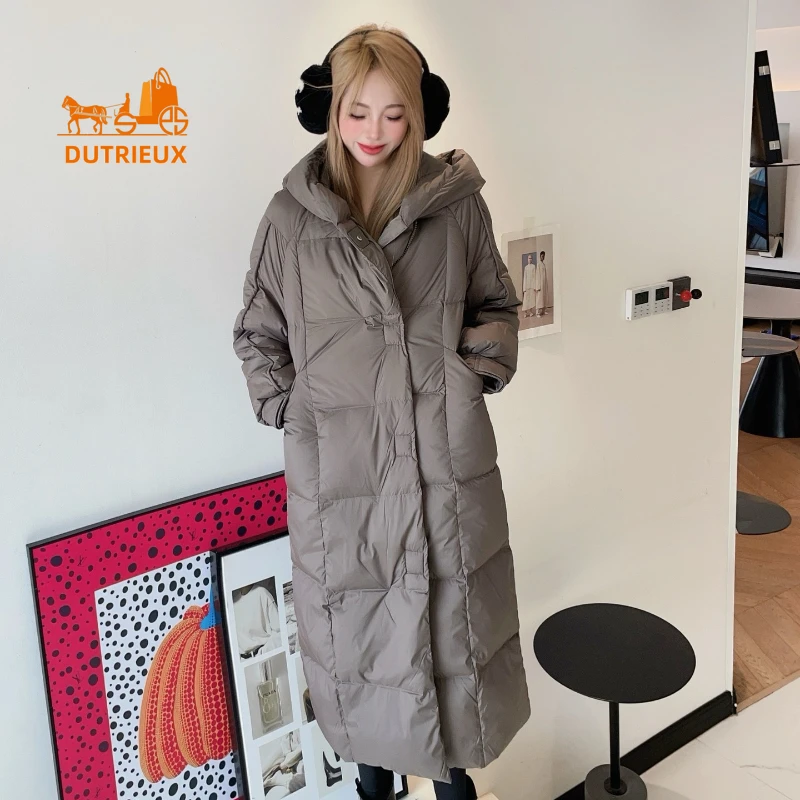 New Winter Down Jacket for Women Solid Color Hooded Long 90gray Goose Down Jacket Light Luxury Cotton Warm Jacket Coat for Women