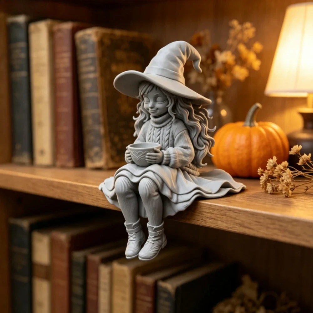 Fantasy Witch Girl Shelf Sitter Statues 3D Printed Cute Halloween Decor Figurines Whimsical Witch Ornaments Halloween Party Gift