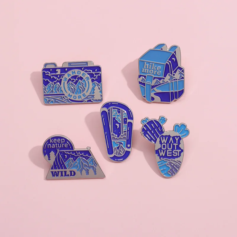 Travel Collection Brooch Hike Bag Mountain Camera Wild Map Car Outdoor Camp Heart Nature Scenery Metal Badge Lapel Pins Jewelry