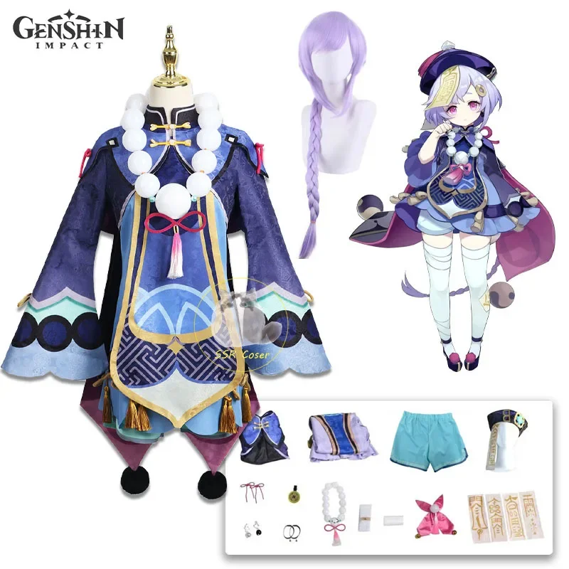 Qiqi-Disfraz de Genshin Impact para niños y adultos, traje de Cosplay, uniforme, vestido, trajes, peluca, sombrero, Halloween, Carnaval