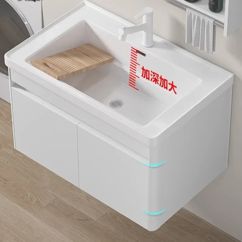 For Wall Mounted Ceramic Wash Basin with Washboard Integrated Laundry Cabinet Sink Simple Suspended Balcony Utility Pool