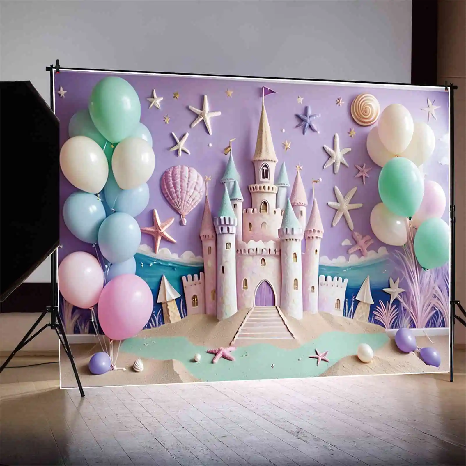 MOON.QG Sand Beach Castle Birthday Year Backgrounds Children Shell Balloon Starfish Backdrop Custom Party Photography Props
