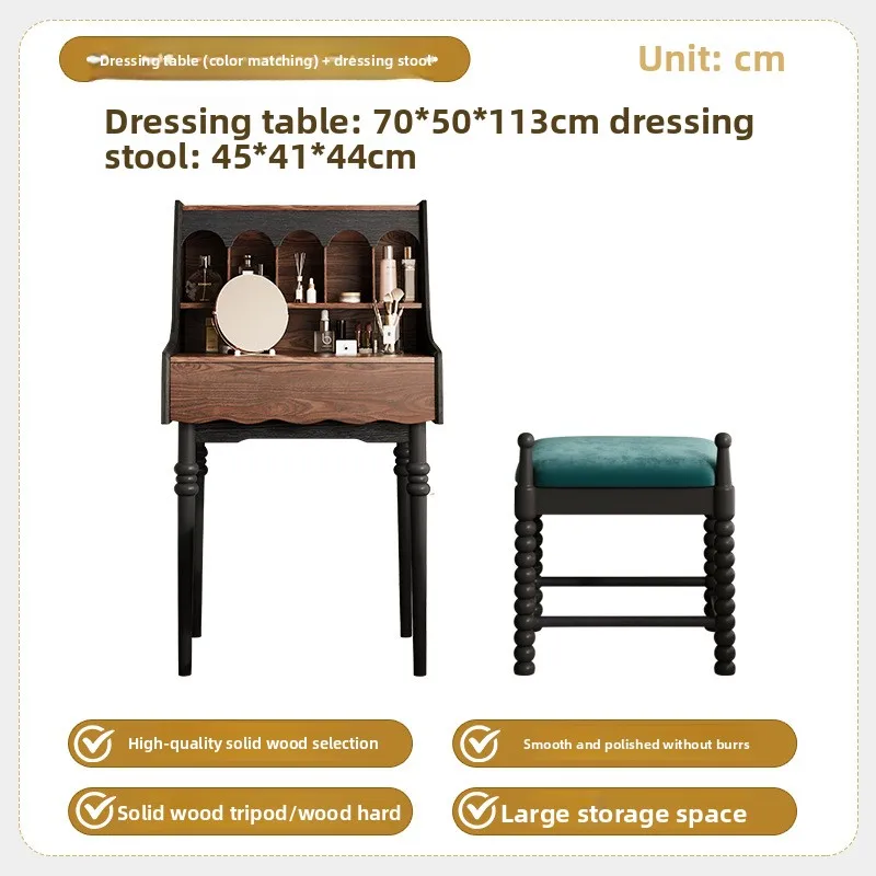 Madera maciza retro francesa, tocador antiguo, taburete de mesa de maquillaje con cajón, mesa de maquillaje combinada para dormitorio y hogar