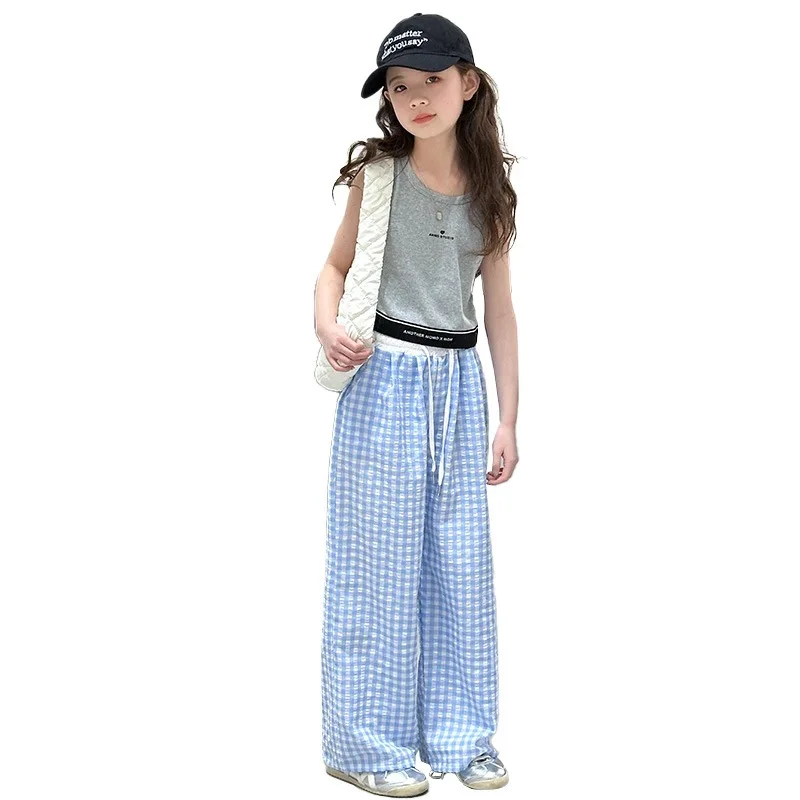 Girls Wide Leg Pants New Korean Lace Up Five Color Checkered Sweet and Fashion Mosquito Repellent Pants Casual Floor Pants