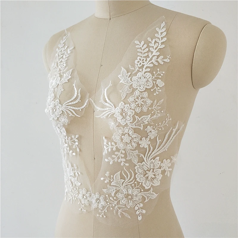 Embroidered Beaded Floral Appliqued Fabric Flat Lace Large Trims for Wedding Dress Decoration Material Accessories