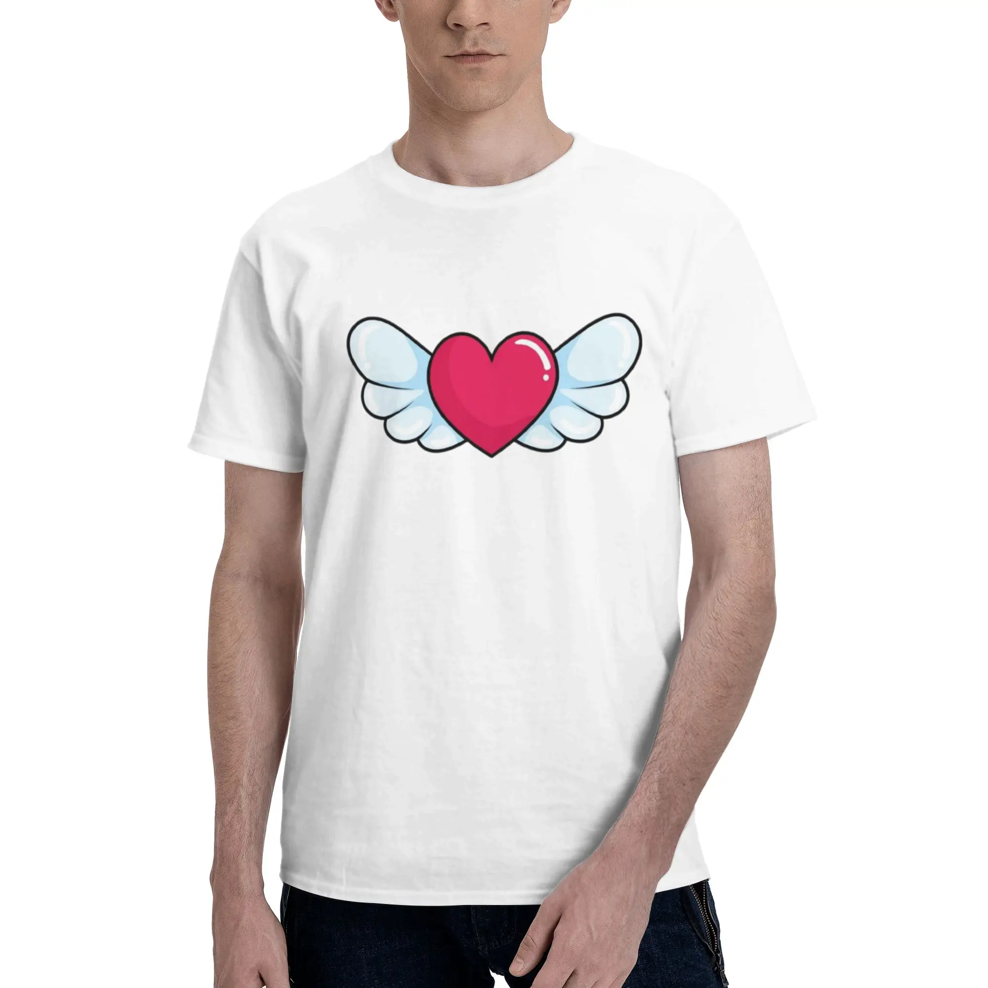 Red Heart With White Angel Wings Men T Shirts Crazy Tee Shirt Short Sleeve Crewneck Pure Cotton Birthday Present Clothes T-Shirt