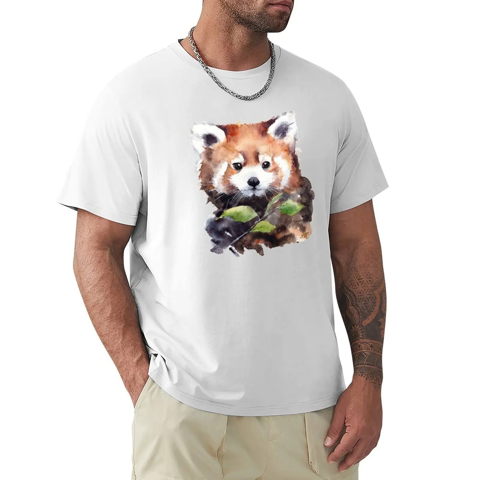 

Watercolor red panda painting T-Shirt vintage clothes sweat animal prinfor boys korean fashion men clothing