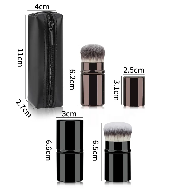 Pinceau de maquillage rétractable à manche court de voyage pratique avec sac à fermeture éclair, brosse de fond de teint multifonctionnelle, brosse à poudre de beauté