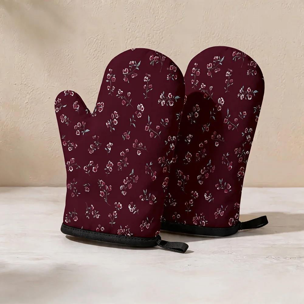 1 Set of 2pcs Kitchen Oven Mitts, Featuring Deep Burgundy Base with Delicate Pink-Green Floral Pattern, Edges Adorned, Baking