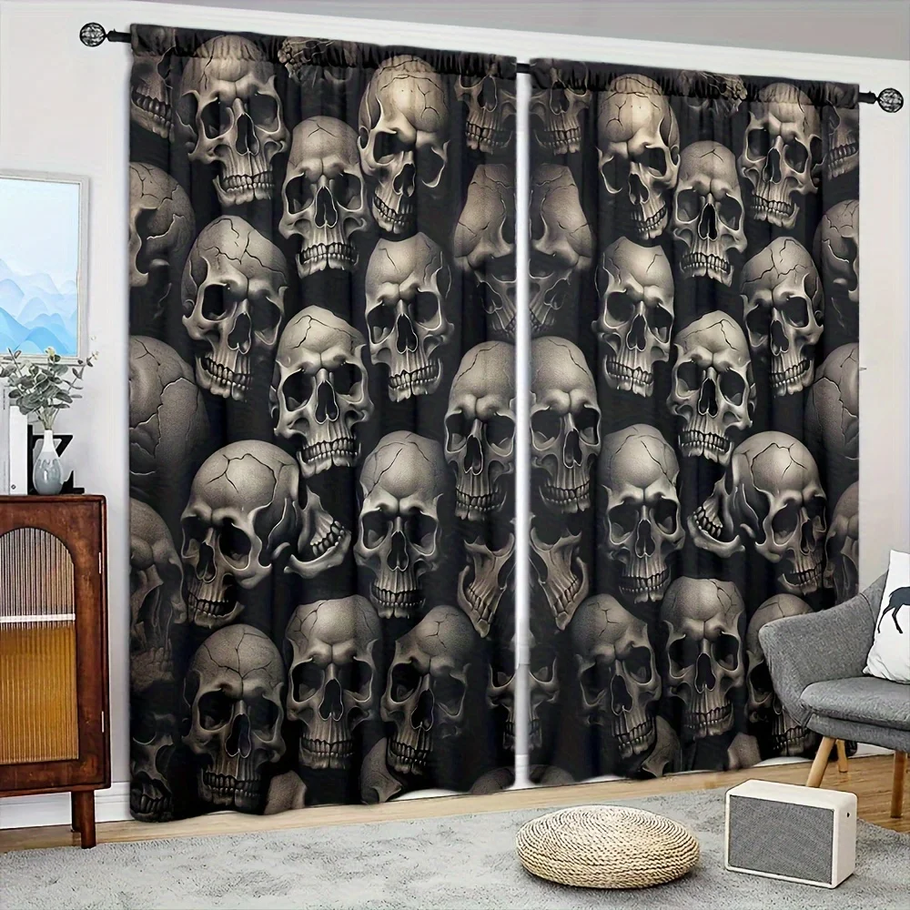 Monochrome Skull Rod Pocket Curtain Stacked Cracked Skeleton Dark Horror Vintage Pattern Game Room Bar Leisure Apartment Window