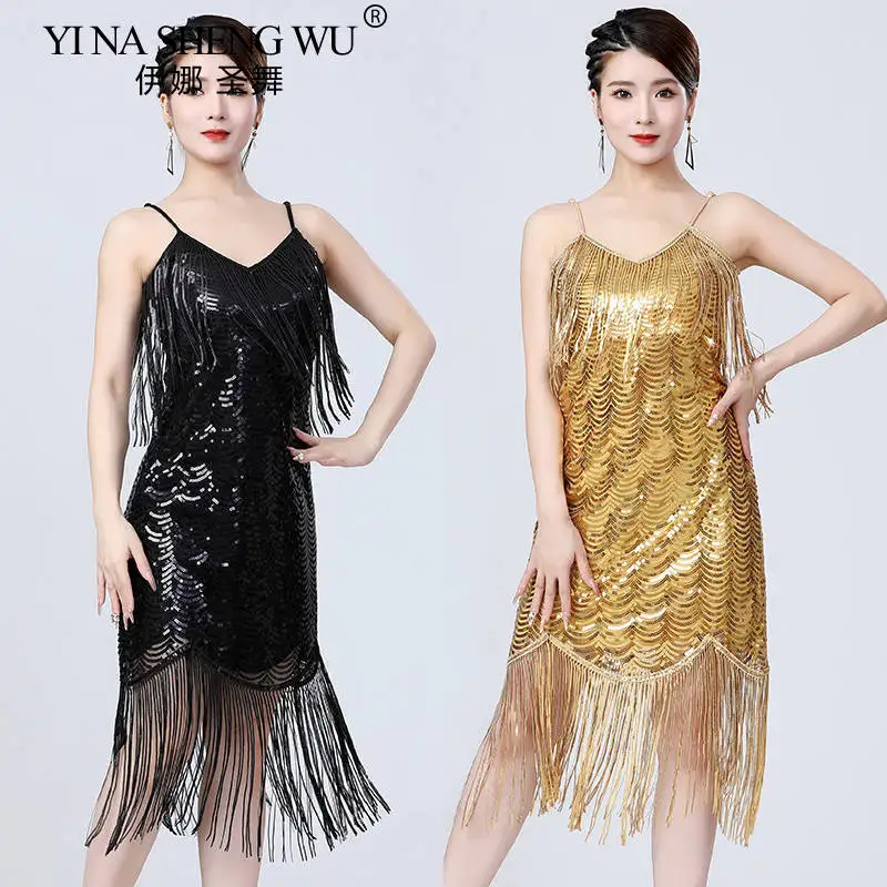 Robe de danse latine à franges pour femmes, nouvelle collection, Sexy, écharpe, paillettes, pompon, Costume de danse de salle de bal moderne, robe de Cocktail Gatsby