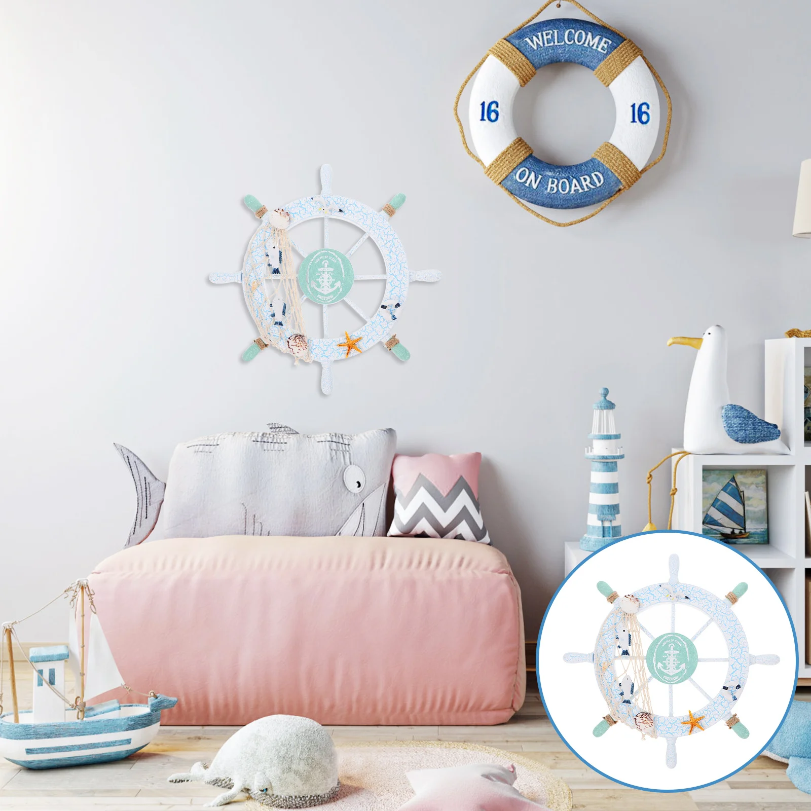 

Wooden Ship Wheel Decor Nautical Wall Art Mediterranean Style Boat Steering Wheel For Home Beach Decoration Light Blue