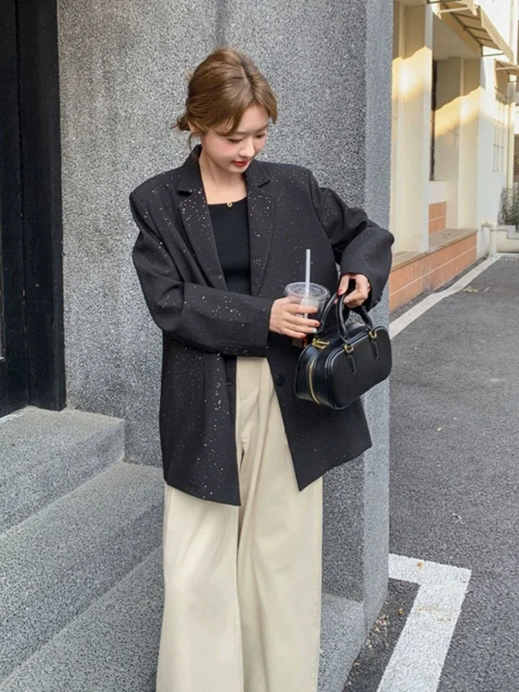 Black Light Mature High Quality Vintage Sparkling Women Blazer 2025 Spring Autumn Petite Loose Casual New Arrival Long Sleeve