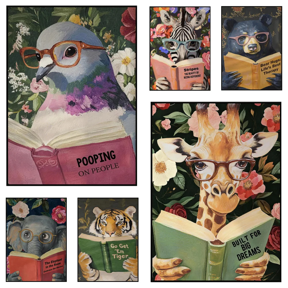 1pc frameless Canvas Painting Whimsical Animal Reading Book Art Prints Funny Pigeon Giraffe Canvas Poster Quirky Home Decor C