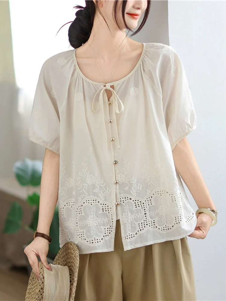 

2025 New Fashion Cotton Linen Embroidery Shirt Single Breasted Versatile Temperament Hollow Out Top
